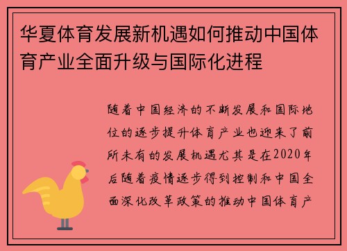 华夏体育发展新机遇如何推动中国体育产业全面升级与国际化进程