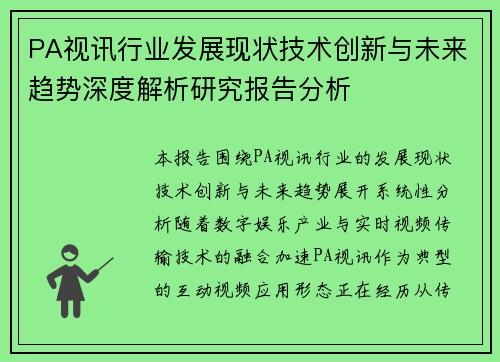 PA视讯行业发展现状技术创新与未来趋势深度解析研究报告分析 PA视讯行业发展现状技术创新与未来趋势深度解析研究报告分析